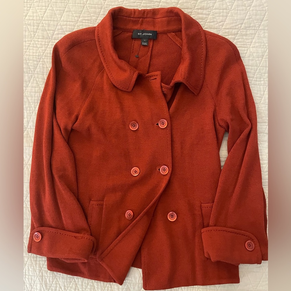 ST. JOHN Double Breasted Knit Coat in Burnt Orange / Red Size S $1195